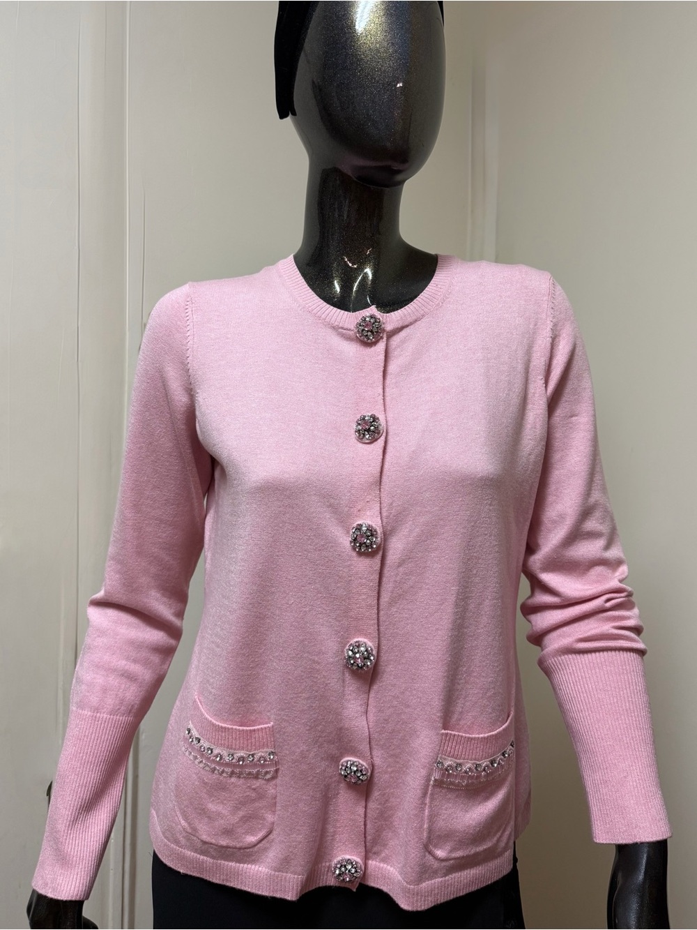 Escada Pink Cardigan Cashmere Silk Blend Rhinestone Buttons Sz Large